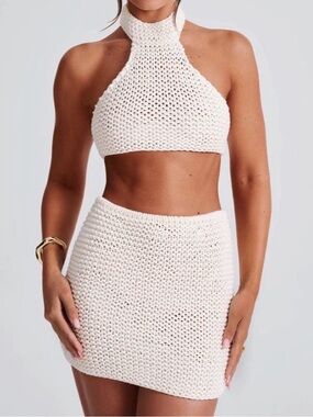 Crochet Halter Mini Skirt Set in Cream